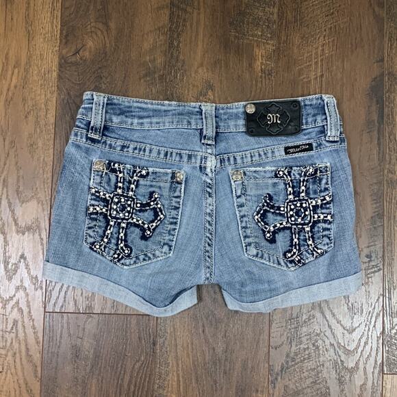 Miss Me Thick Stitching Rolled Cuffed Bedazzled Jean Shorts - Picture 9 of 9